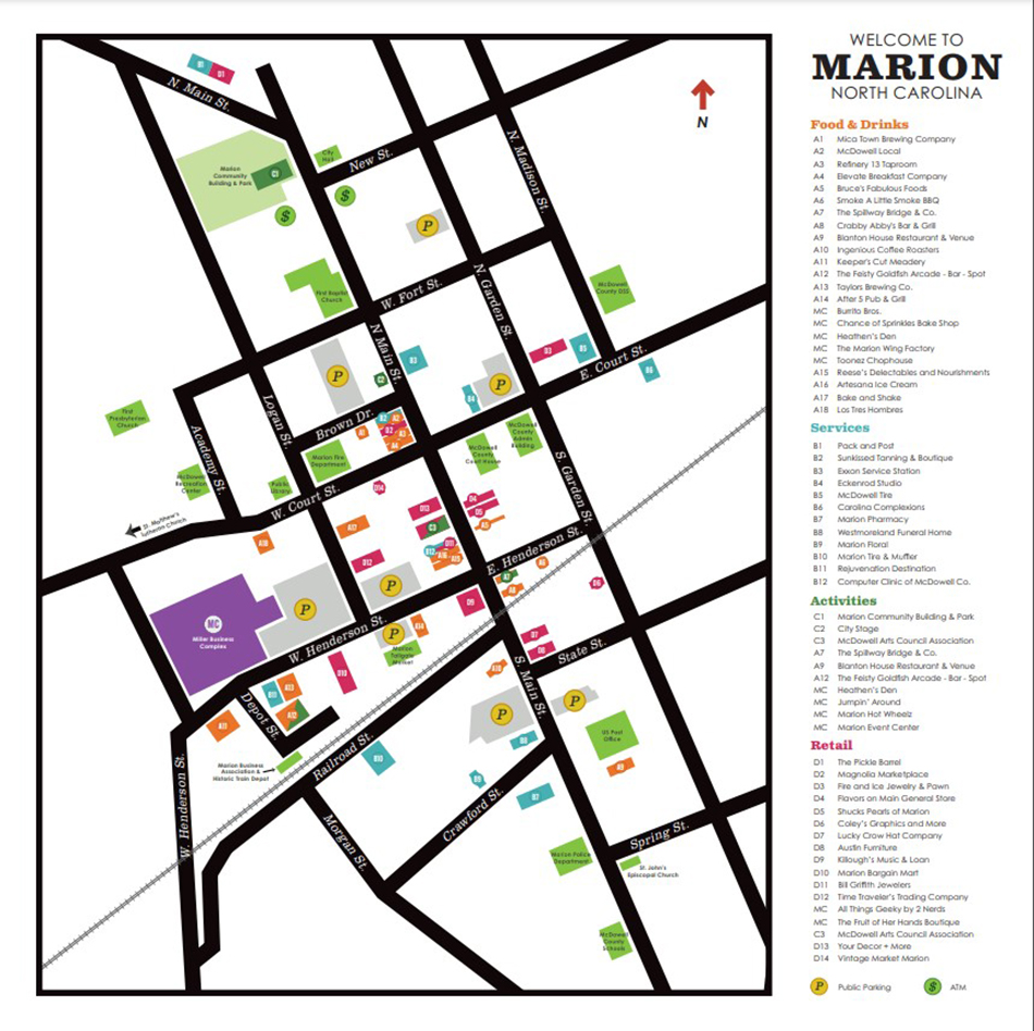 Parking map with guide to places and stores to visit